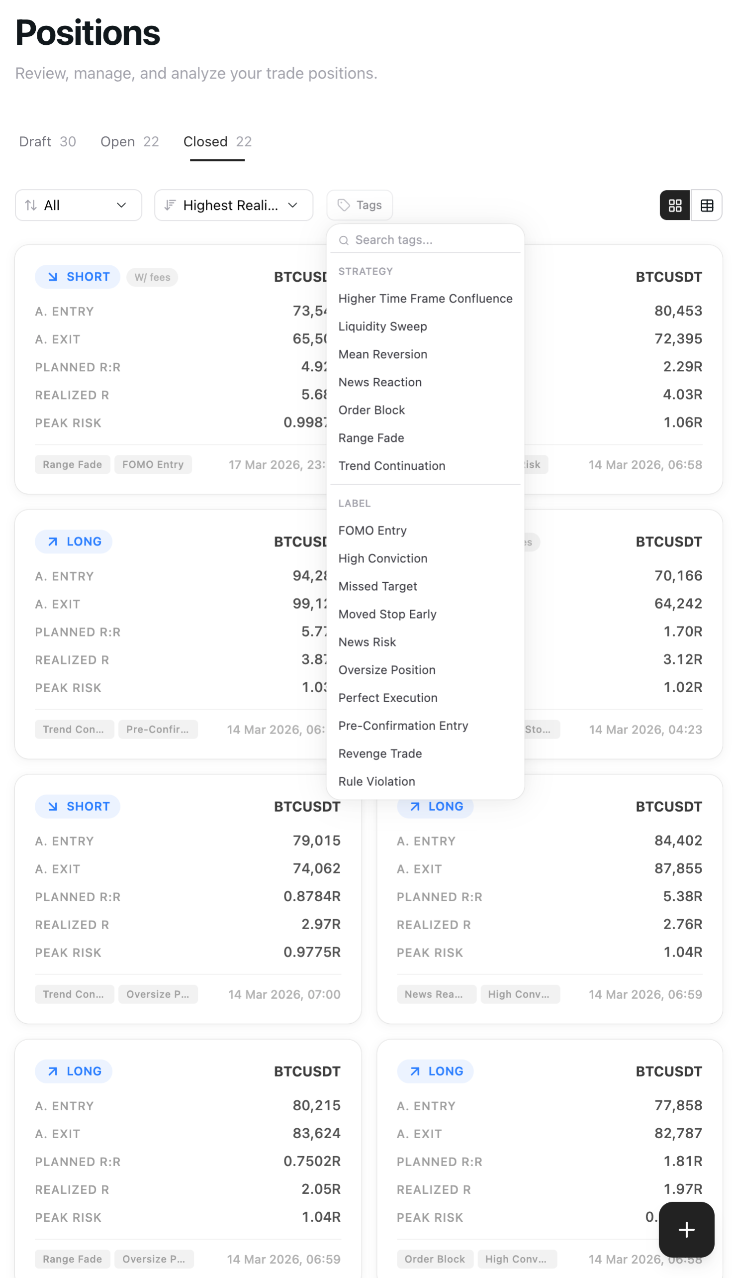 RiskReward Pro Positions showing trade cards with R:R metrics, tag filtering, and sort options